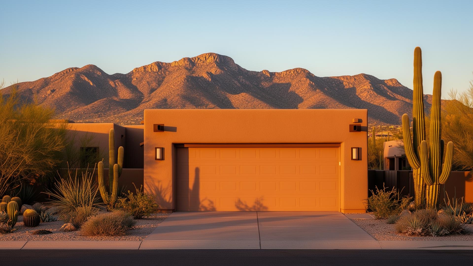 Tucson stucco home with attached garage and Catalina mountain backdrop